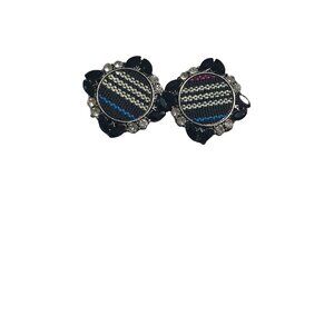 Black Gem Rhinestone Earrings Striped Fabric Centerpiece Casual Boho Stud Gift